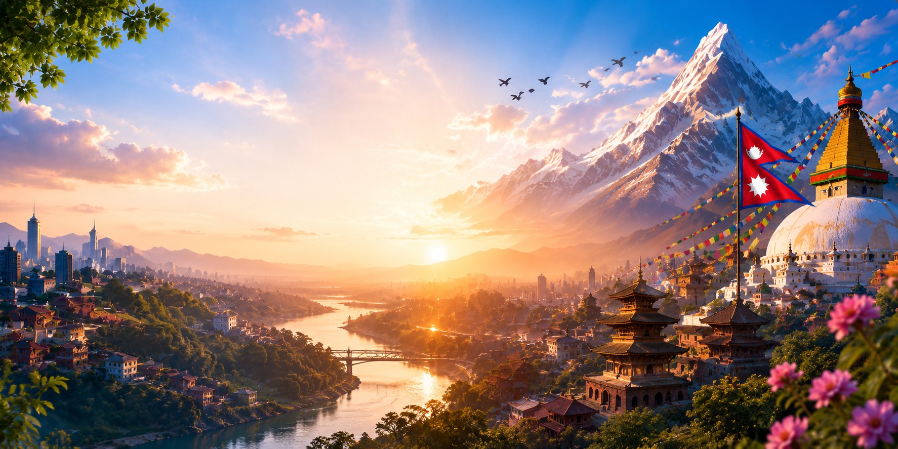 Sunrise over a Himalayan valley, with a riverside city, prayer flags, and a hilltop stupa